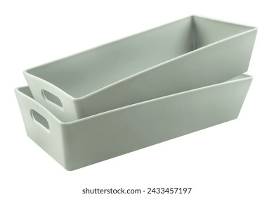 2 Grey storage plastic boxes isolated on white  background