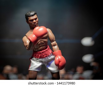 2 JULY 2018: Recreation Of A Scene Of Muhammad Ali Vs Sonny Liston In Their Controversial 1965 Boxing Match. Mego Legend's Series Action Figure 