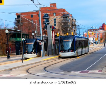 2 Light Rail Train, LRT, ION From Grand River Transit On The Same Platform In Waterloo Ontario, Canada April 12, 2020.