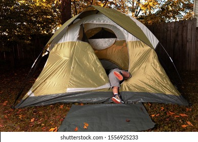 2 Little Boys Play Together In Their Backyard In A Green Tent