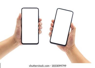 2 men's hands holding blank black-rimmed smartphones - Shutterstock ID 1833099799