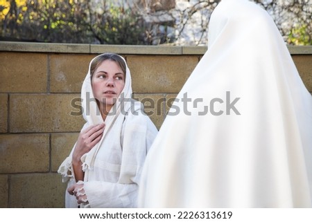 2 modest holy bless devot awe young saint human faith pray Lord hand ask help life jew maid lady face fear old retro white arab dress cloth. Admire joy glory gospel hope israeli home yard garden house