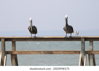 2 pelicans and their best friend seagull perched on ocean dock - Powered by Shutterstock