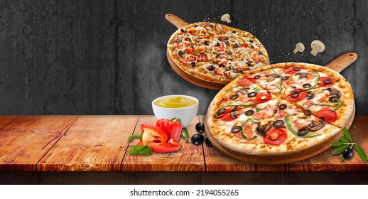 2 pizzas concept promotional flyer and poster for restaurants or pizzerias, template with delicious taste pizza, mozzarella cheese and empty space for the customer's chosen name.
 - Powered by Shutterstock