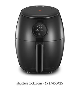 2 Qt. Digital Air Fryer Isolated. Black  Electric Deep Fryer Front View. Modern Domestic Household Small Kitchen Appliances. 1800 Watts Convection Oven 5.2 Liter Capacity Oilless Cooker
