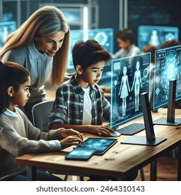 2 school children working individually on computers with futuristic homework assignments in a realistic photo. A teacher standing between the students and bending down to help one of them with the assignment. all the people in the phota are white Stock Photo