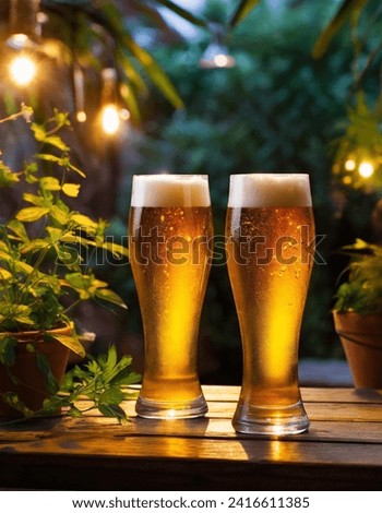 2 Schop de cerveza en una mesa de madera en una terraza rodeado de naturaleza 