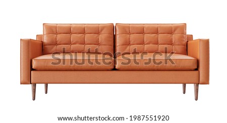 2 seat orange color leather sofa with wood legs on white background. front view. isolate background.