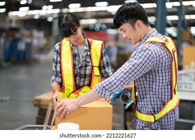 2 Staff Worker Working In The Large Depot Storage Warehouse Happy Smiling Packing Box At Cashier Counter