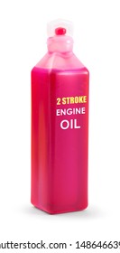 2 Stroke Motor Oil In 100ml Plastic Bottle. Oil Mixture For Two Stroke Engines. Isolated On White Background With Clipping Path. With Vector Path. 2T Oil. 2-stroke Oil.