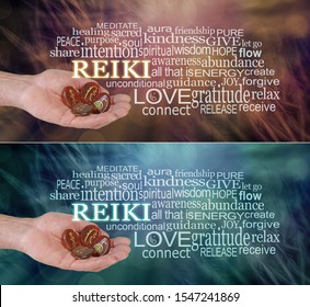 2 X Male Reiki Practitioner Word Cloud - Male Hand Offering Four Reiki Symbol Carved Stones Against An Ethereal Dark Feather Background Surrounded By A Word Cloud On Jade Green And Rich Brown