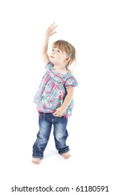 2 Year Old Female Toddler With Hand Up In The Air On Isolated White Background