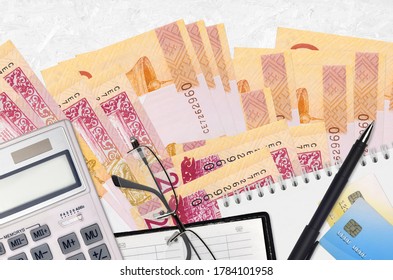 20 Belorussian rubles bills and calculator with glasses and pen. Tax payment concept or investment solutions. Financial planning or accountant paperwork