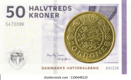 20 Danish Krone Coin Against 50 Danish Krone Note