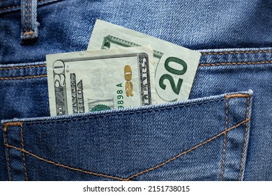 20 Dollar Bill In The Back Pocket Of Jeans, Petty Expenses And Tips Concept