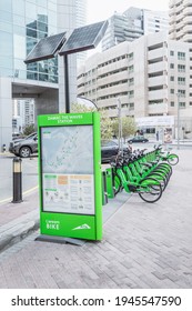 20 February 2021, Dubai, UAE: Parking of electric eco-friendly bicycles for rent by careem and Dubai transport system rta