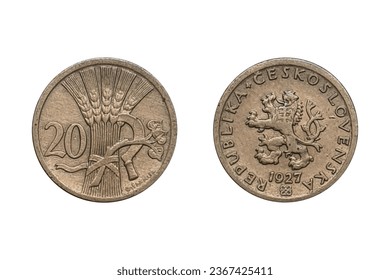 20 Haleru 1927. Czechoslavakia coin. Obverse Czech lion walking left on two legs, bearing a Slovak shield and the date below. Reverse Sheaf with a sickle and a linden sprig with the denomination in nu - Shutterstock ID 2367425411