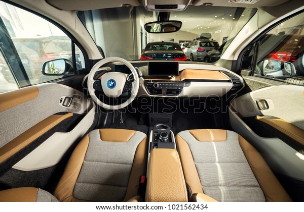 20 of January,\
2018 - Vinnitsa, Ukraine. BMW i3 electric vehicle model\
presentation in showroom - interior\
inside
