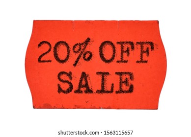 20 OFF Percent Sale Printed With Typewriter Font On Red Price Tag Sticker Isolated On White Background