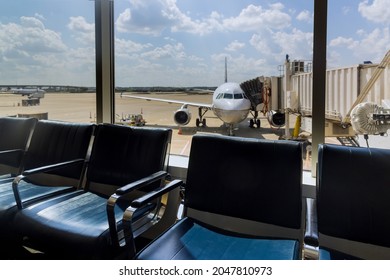 20 SEPTEMBER 2021 Houston, TX USA: International airport interior airport lounge gate passenger airplane waiting at the gate in Busch International Airport Houston TX USA
