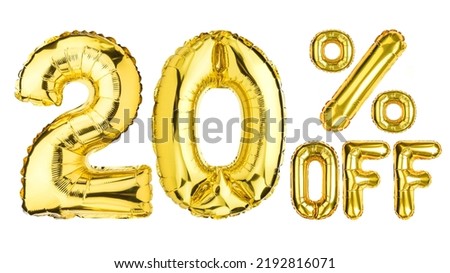 20 Twenty Percent % Off balloons. Sale, Clearance, discount. Yellow Gold foil helium balloon. Word good for store, shop, shopping mall. English Alphabet Letters. Isolated white background.