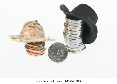 The 2005 Westward Journey Nickel Series Of The American Bison Nickel Reverse Close Up With Straw Hat On Pennies And Cowboy Hat On Nickels.