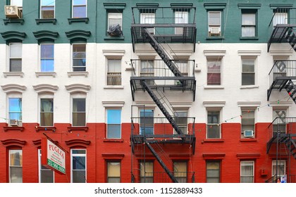 20.05.2016. Facade of old Building in the colors of the Italian flag in Little Italy, New York, USA