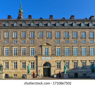 20.08.2019. Detail of the main building and the Platz in front of Christiansborg Slot Copenhagen parliament, Denmark.