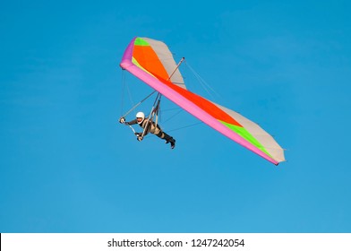 2009-01-11 Kyiv, Ukraine. Hang Glider Pilot Fly His Bright Kite Wing. Learning Extreme Sports