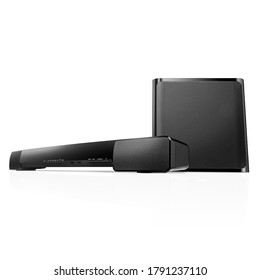 200W 2.1 Channel Sound Bar System With Wireless Subwoofer Isolated. Data Surround Speakers. Acoustic Audio Sound Stereo System. Loudspeakers. Entertainment System. Home Theater System