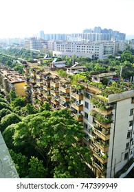 2010.8.14, in city of Nanning, China, aerial view of some residential apartment buildings with balcony gardens and rooftop gardens.