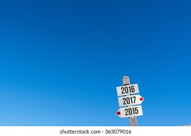 2015, 2016, 2017 year pointer on blue sky square background. Space for copy, text or lettering.