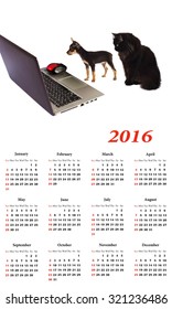 2016 Calendar. Dog Puppy With  Cat In Front Of A Laptop Isolated .