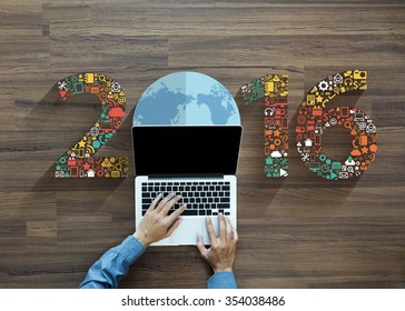 2016 new year business innovation technology set application icons, With businessman working on laptop computer PC, view from above - Powered by Shutterstock