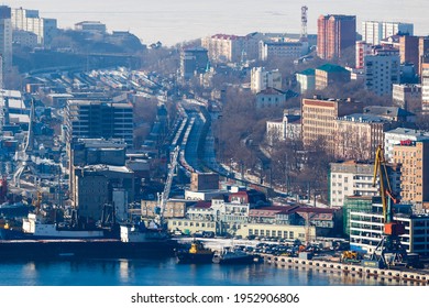 2016, Vladivostok, Russia - Railway Tracks Leading To The Commercial Sea Port. View From Above. Egersheld Area. Industrial Zone In The Central Part Of The City