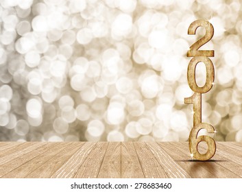 2016 year wood number in perspective room with sparkling bokeh wall and wooden plank floor