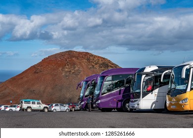 2017 November 1. Timanfaya National Park, Lanzarote Island, Spain. Parking Lot At The Nation Park, With The Sea In The Background