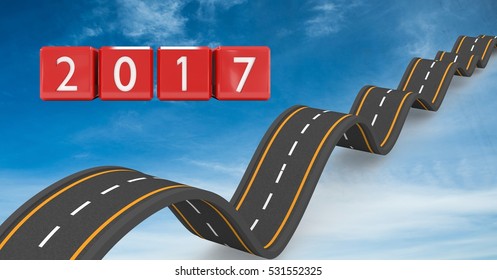 2017 on composite image 3D of bumpy roads in blue sky