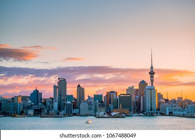 2018, JAN 3 - Auckland, New Zealand, Beautiful Landcape Of The Building In Auckland City At Dawn. View From Cyril Bassett VC Lookout.