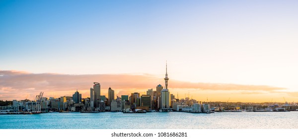 2018, JAN 3 - Auckland, New Zealand, Panorama view, Beautiful landcape of the building in Auckland city before sunset. View from Cyril Bassett VC Lookout.