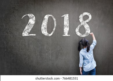 2018 New Calendar Year Greeting By Kid's Hand Drawing On School Teacher's Chalkboard For Student's Educational New Academic Year, Education Semester, Class Schedule Concept 