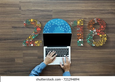 2018 New Year Innovation Technology Business Application Icons Set, Digital Marketing Ideas Concept Design, With Businessman Working On Laptop Computer PC, View From Above