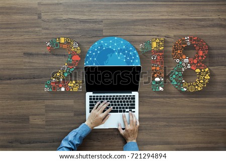 2018 new year innovation technology business application icons set, Digital marketing ideas concept design, With businessman working on laptop computer PC, view from above