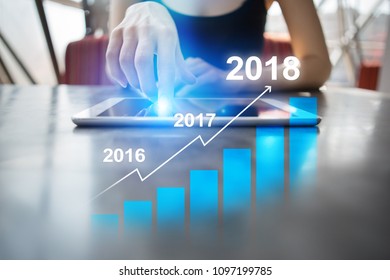 2018 Year Profit Growth Chart, Business, Finance And Investment Concept On Virtual Screen. Goals Setting On Improvement.