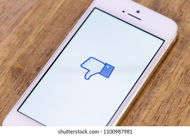 2018.04.23 Kazan Russia - Facebook Dislike Blue Logo On Apple Iphone 5 SE Screen.