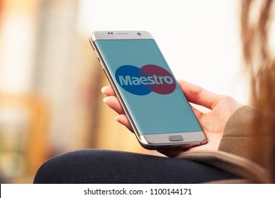 2018.04.23 Kazan Russia - Maestro Payment System Logo On Samsung Galaxy S7 Edge Phone Screen.