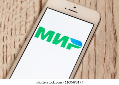 2018.04.23 Kazan Russia - Russian MIR Payment System Logo On Apple Iphone 5 SE Screen.