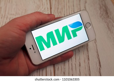 2018.04.23 Kazan Russia - Russian MIR Payment System Logo On Apple Iphone 5 SE Screen.