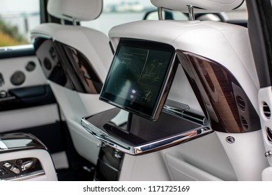 2018-09-04, Riga, Latvia: 2018 NEW Rolls Royce Phantom Editorial Photo Shoot. Rear Seat Entertainment System, Electrically Unfoldable Screen And Table. 