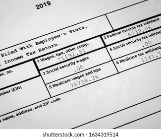 2019 IRS W-2 wage and tax statement showing wages, social security, federal income, and medicare tax withheld. Concept of filing 2020 individual income tax return - Shutterstock ID 1634319514
